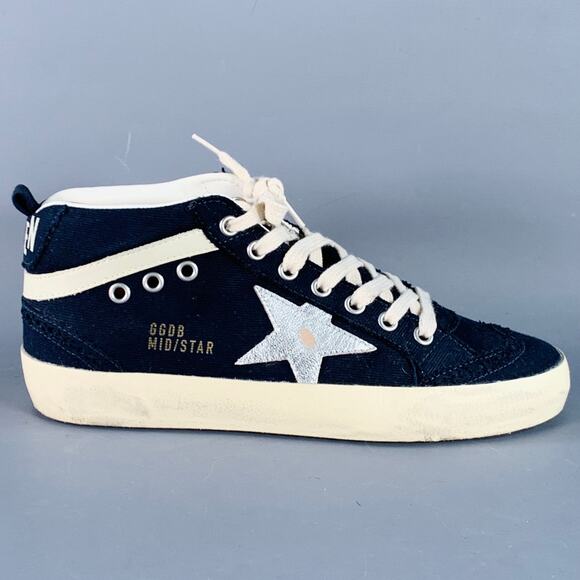 GOLDEN GOOSE MIDSTAR Size 7 Navy Cream Canvas Distressed Mid Top Sneakers - Picture 2 of 7